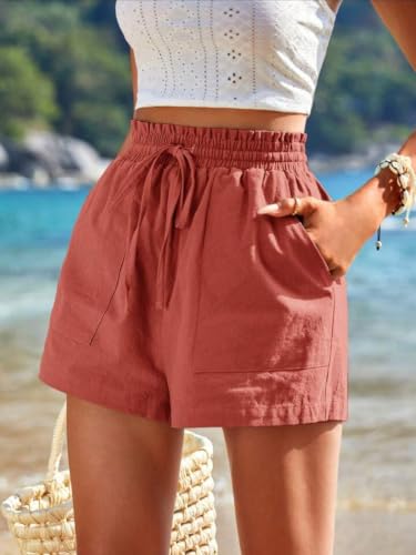 Image of LIRIT Womens High Waist Casual Linen Blend Summer Shorts with Elastic Paperbag Waist Drawstring Side Pockets Relaxed Fit Lightweight Shorts