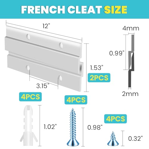 Image of FURWEY French Cleat, Picture and Mirror Hanger, Aluminum French Cleat, Headboard Wall Mounting Brackets with Screws(12 Inch-1 Pair, Support 80 lbs)