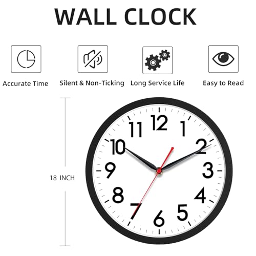 Image of AKCISOT 18 Inch Wall Clock Large Silent Non-Ticking Wall Clocks Battery Operated - Analog Classic Clock Decorative for Living Room, Office, Home, School(Black)