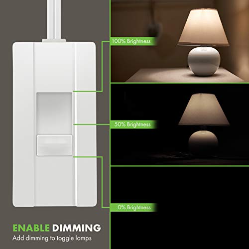 Topgreener Table-Top Plug In Dimmer For Table Or Floor Lamps, Slide Control, Works With 360 Watt Incandescent And 150 Watt Dimmable Cfl/Led, Off At Lowest Dim, 6Ft Cord, Tgttdl300-W, White, 2 Pack #TOP3