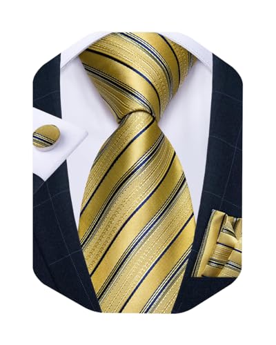 Image of DiBanGu Striped Tie Set for Men Silk Woven Plaid Necktie and Pocket Square Cufflinks Business Wedding