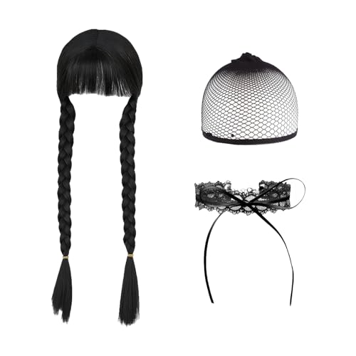SSKHE 3Pcs Black Braided Wig for Women and Children Cosplay Accessory for Wednesday Addams Halloween Costume Hairpiece Braided Design for Dress-up Kids Wigs Party Hair Accessories