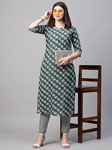 Image of GoSriKi Women's Cotton Blend Printed Straight Kurta With Pant