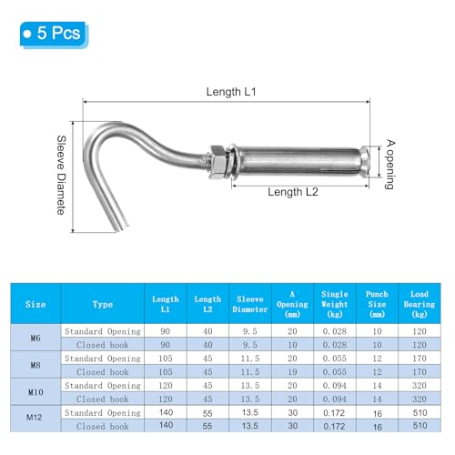 MECCANIXITY Concrete Wall Hook Expansion Hook Open Cup Screw M6x90mm 304 Stainless Steel for Indoor Outdoor Ceiling Concrete Walls Masonry, Pack of 5