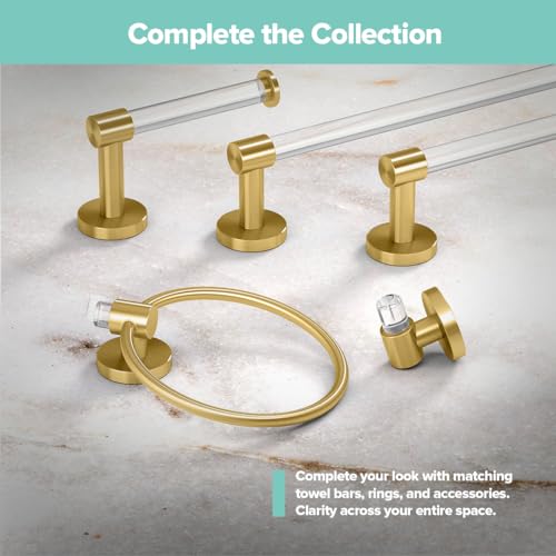 Image of Gatco 5731 Clarion Towel Bar | 18 inch L Bathroom Towel Rack, Wall Mount Bathroom Towel Holder | Crystal-Clear Acrylic & Brushed Brass Finish