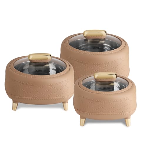 Image of JAYPEE Kingston Klass Stitched Leather Luxurious Outer & Inner Stainless Steel Casserole Set of 3 with Glass Lid (1500+2000+2500) ml PUF Insulated Serving casserole Set Roti Box Hot Box BPA Free,Brown