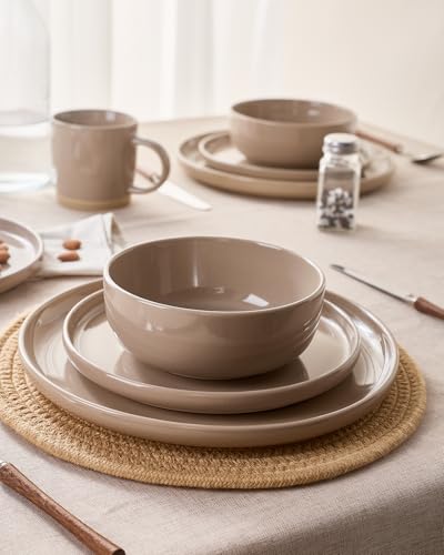 Image of Famiware Milkyway Stoneware Dinnerware Sets with Mugs, Service for 4 (16pcs), Plates and Bowls Sets, Scratch Resistant, Microwave and Dishwasher Safe Dishes Set, Cinnamon Brown
