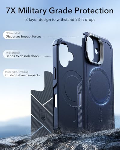 Image of ESR for iPhone 17 Phone Case with Stand, 23ft Military-Grade Drop Protection with Camera Control, Shock-Absorbing Rugged Cover, Compatible with MagSafe Accessories, Cyber Series, Blue