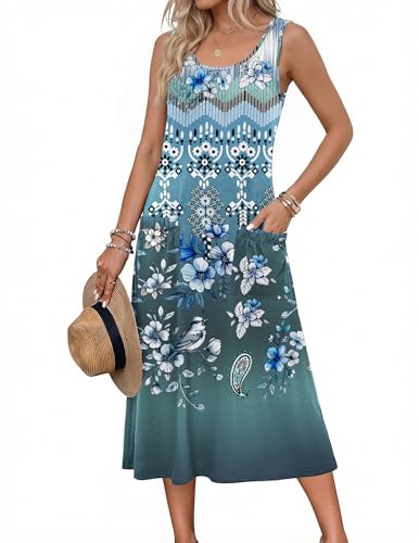 Image of Zeagoo Womens Summer Midi Dresses Casual A-Line High Waist Sleeveless Crewneck Floral Flowy Tank Sundress with Pockets
