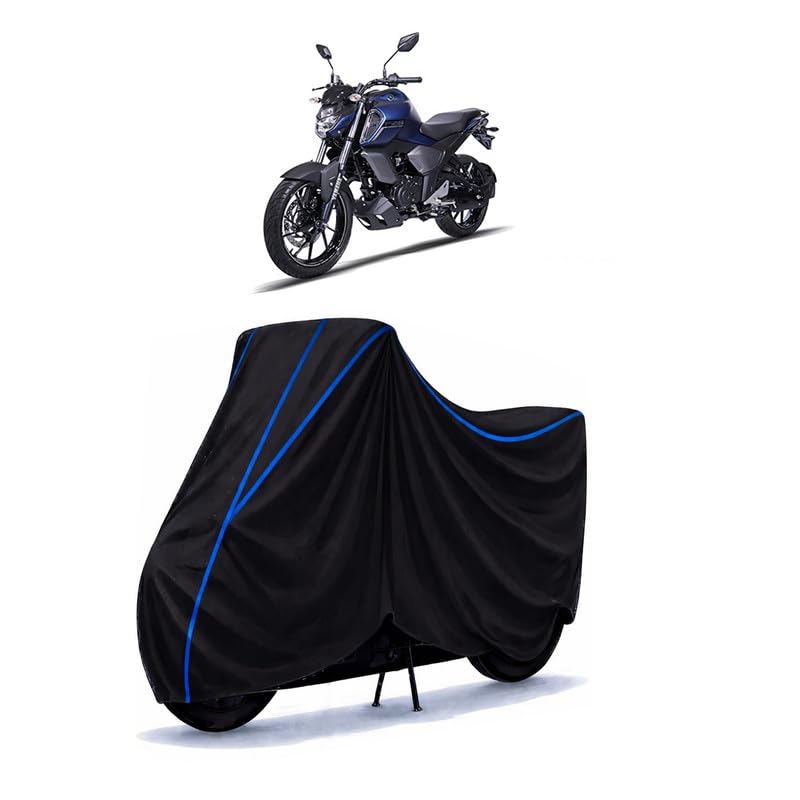 Image of FZ-S Fi 3.0 Bike Cover Water Resistant Universal Motorcycle Rain | Heavy Duty UV Protection, Dust, Scratch Indoor Outdoor All Weather with Black Blue Piping Elastic