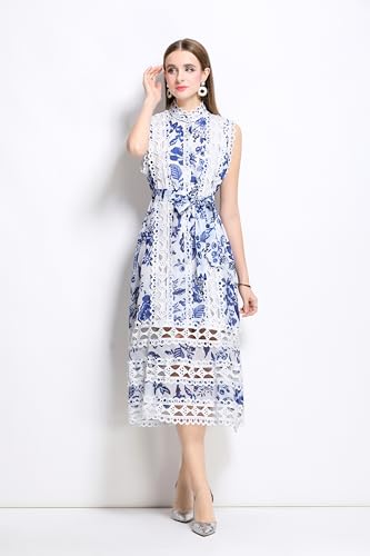 Image of LAI MENG FIVE CATS Women's Sleeveless Hollow Out Lace Button Up Casual Midi Party Dress with Belt