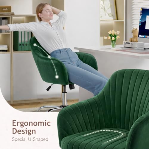 Image of AZAKEE Velvet Office Chair with Wheels & Armrests - Mid-Back Swivel Desk Chair for Home Office, Study, Bedroom & Vanity - Adjustable Height, Comfortable & Stylish (Green)