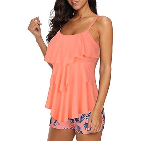 Damen Tankini-Badeanzug, Übergröße, zweiteiliger Badeanzug, Bauchkontrolle, Tanki-Top mit Boyshorts - Orange - 42-44 Cover