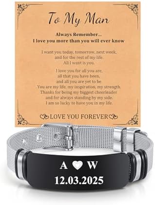 Gamtic Custom Engraved Bracelet for Men - Personalized Stainless Steel Bracelet with Adjustable Weave, Valentines Gifts for Boyfriend/Husband, Customized Gift for Him