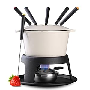 Artestia Cast Iron Fondue Pot Set for Chocolate Cheese, Fondue Pot Set for Meat with 6 Fondue Forks, Cheese Fondue Set Serve 6 Persons(White)