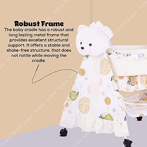 Image of BAYBEE CozyNest Baby Cradle and Swing Jhula for Newborn Babies with Removable Mosquito Net, Washable Fabric, Lockable Wheels & Safe Sleeping Bed Crib for Infants Up to 2 Years (Beige)