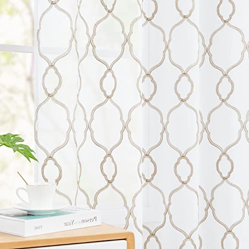 Jinchan White Sheer Curtains Moroccan Trellis Embroidered Curtains For Living Room Quatrefoil Pattern Light Filtering Grommet 84 Inches Long 2 Panels Curtains Taupe On White #TOP6