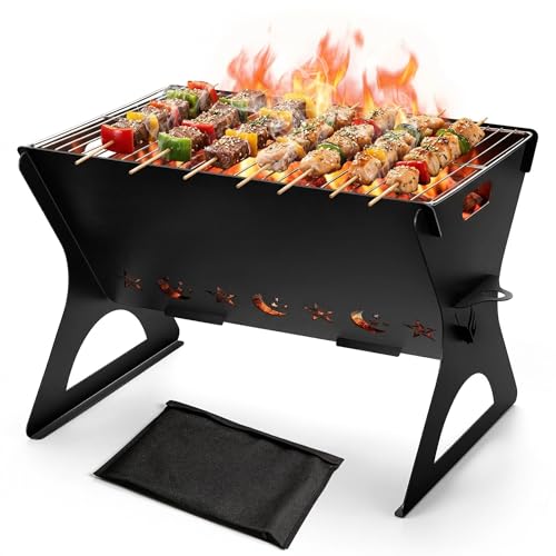 Portable Campfire Grill, HaSteeL Mini Barbecue Slot with Grate & Carry Bag, Heavy-duty BBQ Outdoor Fire Pit for Camping Backyard, Bonfire, Patio, Easy Assembly