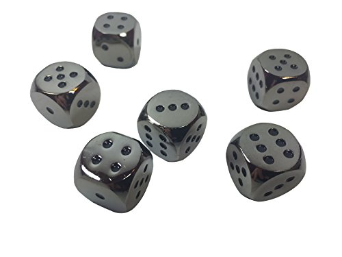 Poker Weight Set of 6 Solid Zinc Alloy Metal Dice (16mm) D6 (Black Nickle Color with Black pips)