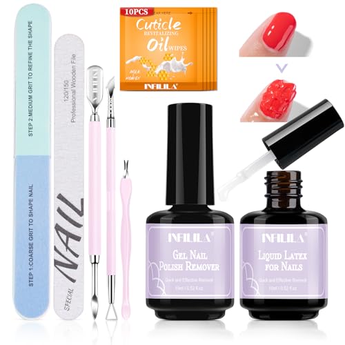NXJ INFILILA Gel Nail Polish Remover Kit, 5-in-1 Set with Liquid Latex for Nails & Cuticle Oil Wipes, Acetone Free Formula for At Home Use, Fast Acting, No Soaking or Wrapping, Cuticle Protectors