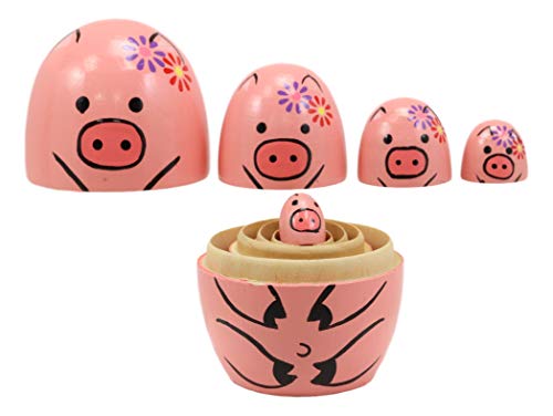 Ebros Gift Pink Porky Babe Pig Wooden Toy Stacking Nesting Dolls 5 Piece