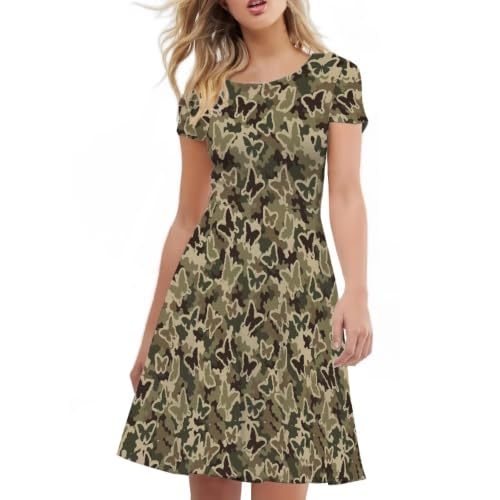 Image of HUGS IDEA Womens Puffy Swing Midi Dress Round Neck Short Sleeve Party A-Line Dresses