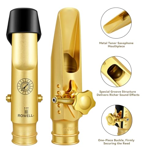 Image of ROWELL Tenor Saxophone Metal Mouthpiece Jazz Sax Mouthpiece- 5-Level Adjustable Ligature & Protective Cap Full Tone for Jazz & Concert Band