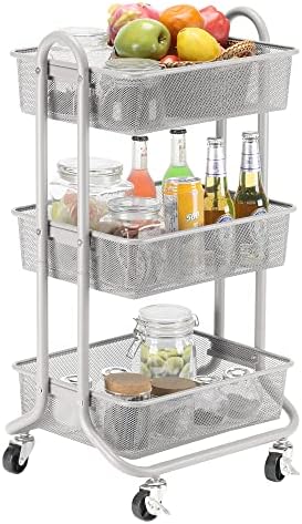 DESIGNA 3-Tier Rolling Utility Cart Storage Shelves Multifunction, Metal Mesh Baskets, Pantry Cart with Lockable Wheels, Gray