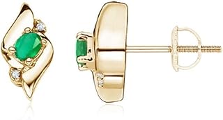 Angara Natural Oval Emerald and Diamond Shell Stud Earrings in Sterling Silver/14K Solid Gold/Platinum for Women | May Bir...