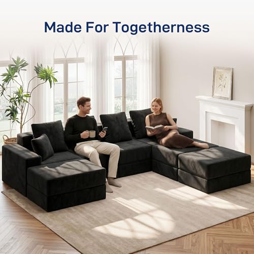 Image of Living&Giving 128 inch U-Shaped Cloud Sectional Couch for Living Room, Cloud Boneless Couch-No Assembly with Reversible Chaise, Customizable 4-Seat Modular Sectional Sofa with 3 Ottoman, Black