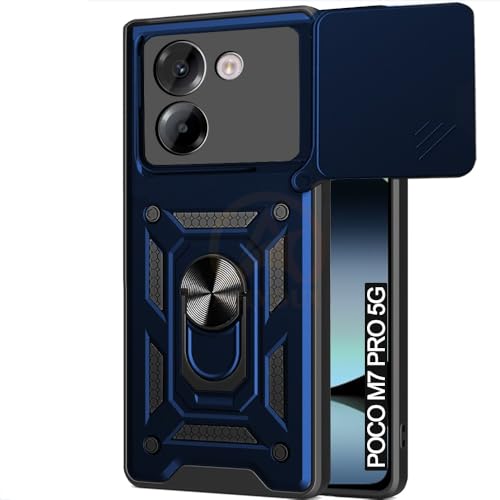 Image of Armor Bumper Back Cover Case for Poco M7 Pro 5G | Rotating Camera Cover, Ring Holder & Kickstand | Heavy Duty & 360 Degree Protection Poco M7 Pro 5G Back Cover (Blue)