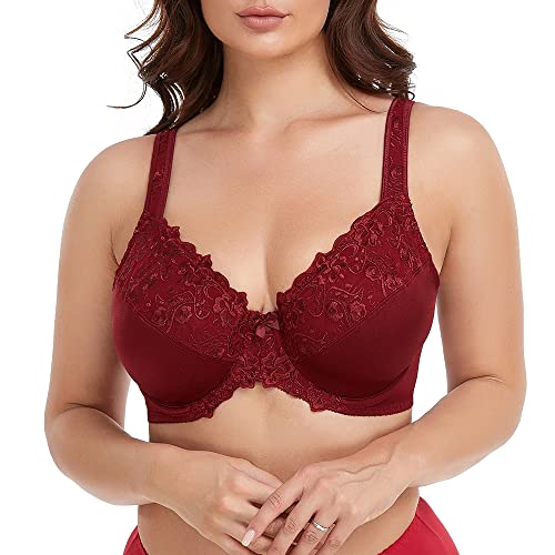 Ayigedu Damen Vollständige Abdeckung Bügel Push Up BH Floral Spitze Plus Size Nicht Gepolstert Komfort Alltag BH, weinrot, 115F