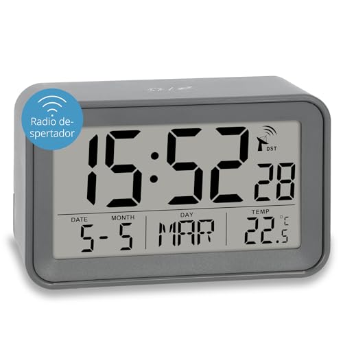 ADE Reloj Despertador Digital radiocontrolado con luz | Indicador de Temperatura y Calendario | Despertador de Viaje pequeño | Reloj Digital de sobremesa | Bonita Carcasa Gris Mate | con Pi
