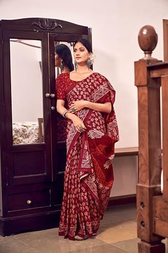 Image of Ikkat Hand Print Soft Mul Cotton Lightweight Saree with Blouse Piece, Multicolour