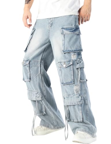 Rexcyril Men's Baggy Ripped Jeans Distressed Hip Hop Wide Leg Loose Fit Multi-Pockets Cargo Denim Pants