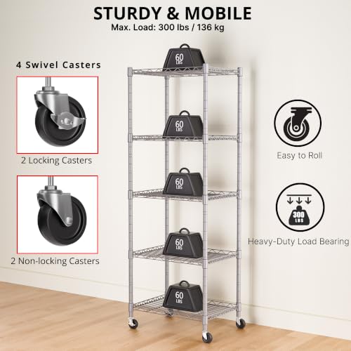 Image of REGILLER 5-Wire Shelving Metal Storage Rack Adjustable Shelves,Standing Storage Shelf Units for Laundry Bathroom Kitchen Pantry Closet(Silver,11.8 inch D x 16.6 inch W x 53.5 inch H,With Wheels)