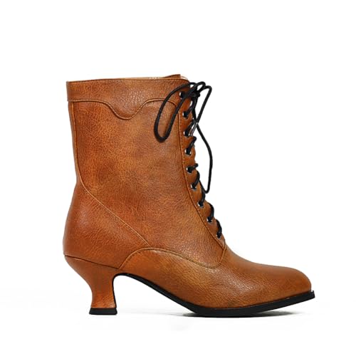 Image of Women's Victorian Ankle Boots - Mid Calf, Round Toe, Black Boots with Chunky Heel & Lace Up Detail