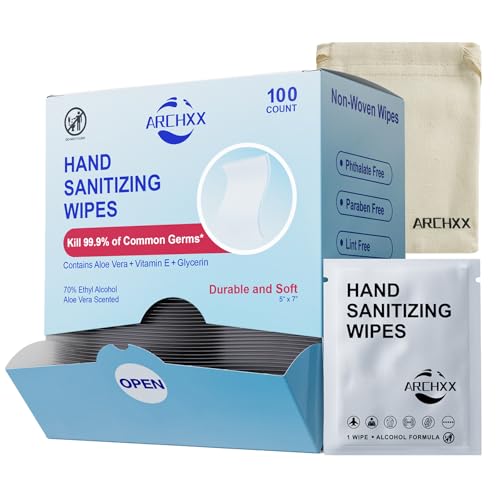 ARCHXX Hand Sanitizer Wipes, 100 Count Non-Woven Hand Wipes Travel Size, Aloe Vera Scent, 70% Alcohol, Individually Wrapped, Sanitizing for Home, Office & Outdoor, Drawstring Bag Included