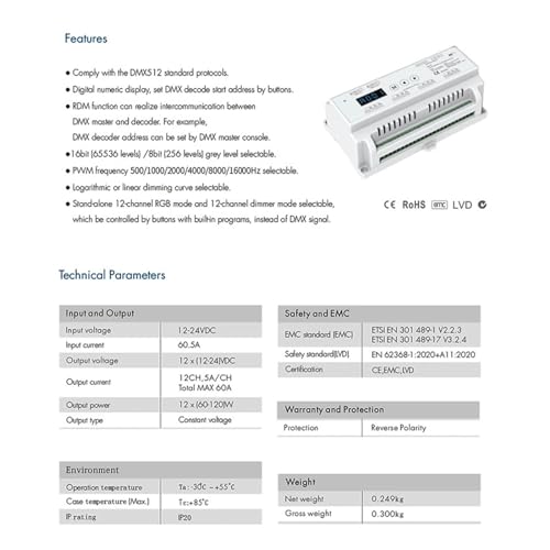 Décodeur RDM 512 Rail DIN variateur de lumière RVB RGBW pour scène