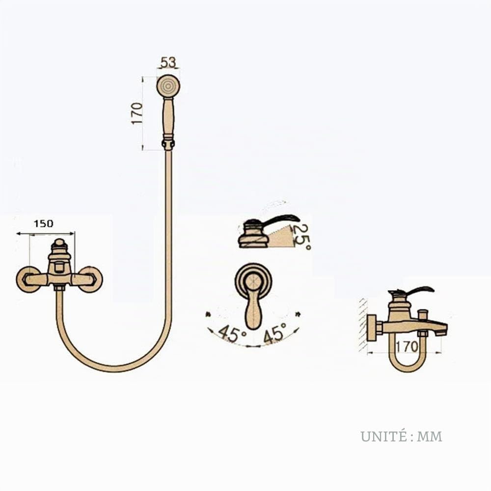 HomeLava Robinet de baignoire avec Douchette Robinet douche Finition laiton antique Montage Mural avec Support et Flexible douche 150 cm pour Salle de Bain