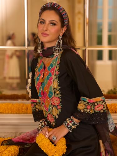 Image of INDO ERA Women's Silk Blend Floral Embroidered A-Line Kurta & Pant with Dupatta Set (IEOUT12374)