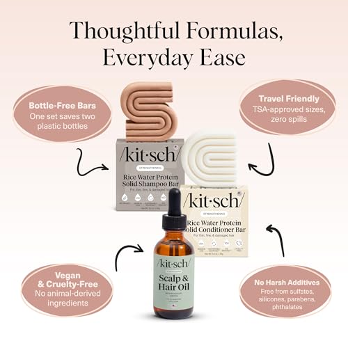 Image of Kitsch Rice Water Shampoo and Conditioner Set + Pre-Wash Scalp Serum with Rosemary and Biotin - Shampoo and Conditioner Bar for Hair Growth & Scalp Nourishment Hair Care - 3pc Set