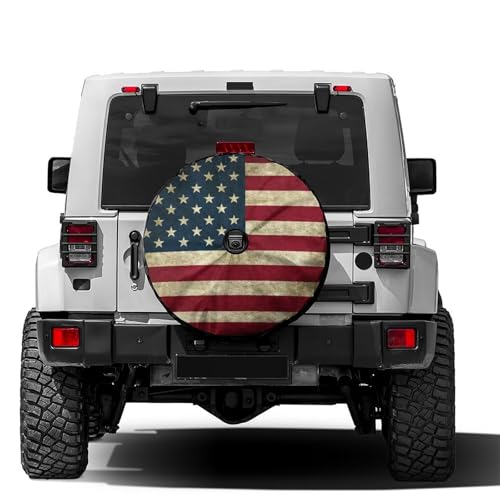 Image of Retro American Flag Spare Tire Cover with Backup Camera Hole Wheel Tire Cover Fit Trailer, RV, SUV and Many Vehicle 16inch