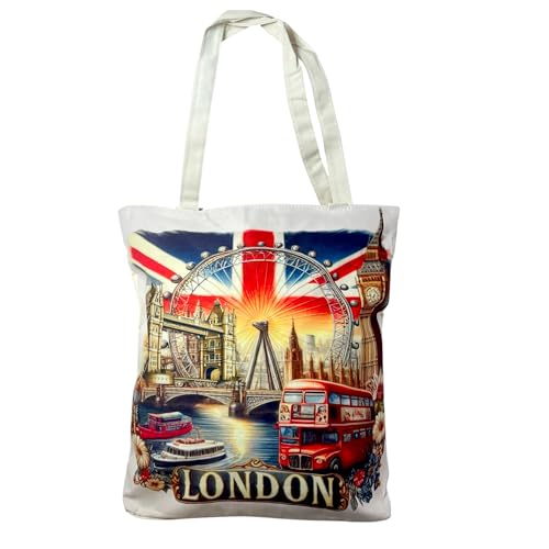 Sac souvenir de Londres – Sac fourre-tout en toile motif Union Jack – Sacs réutilisables en coton pour courses à main et épaule, 1 sac London – C,...