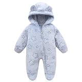 BRONG Pasgeboren fleece pyjama rompertje winter baby overall met capuchon eendelig ritssluiting op voeten flanel outfits voor 0-12 maanden, blauw, 0-3 maanden