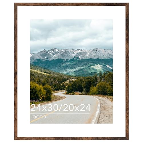 QOTIB Wood 24x30 Picture Frame with 20x24 Mat Display 20x24 with Mat or 24x30 Without Mat Wood 24 by 30 Photo Frame 24 x 30 Frame for Wall Hanging Display Deep Brown