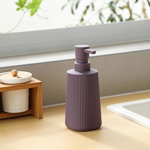 Image of Small Soap Dispenser for Bathroom and Kitchen, Modern Farmhouse Striped Style Plastic Hand Soap Dish Soap Dispenser with Pump Matte Purple