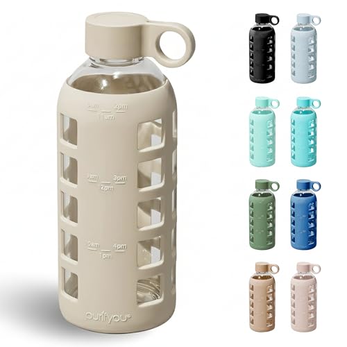Image of purifyou 40oz / 32oz / 22oz / 12oz Borosilicate Glass Water Bottle with Time & Volume Markers, Silicone Sleeve, Stainless Steel Lid | Reusable Glass Bottle for Water & Juice (22oz Pearled Ivory)