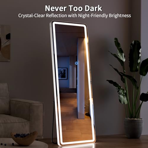 Image of Koonmi LED Full Length Mirror, 56 inchx20 inch Full Length Mirror with Lights, Lighted Floor Mirrors with Stand, Full Body Mirrors with Dimming & 3 Color Lightingfor Living Room Cloakroom, White