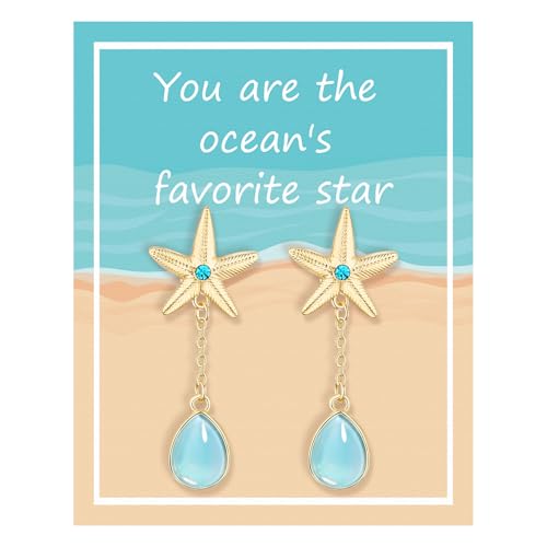Starfish Dangle Earrings Gold with Blue Rhinestone Aqua Teardrop Chain for Women, Tropical Beach Vacation Jewelry Summer Gifts, E08B